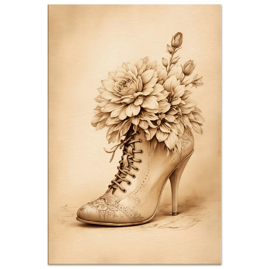 Floral Sepia Boot Canvas Wall Art Print