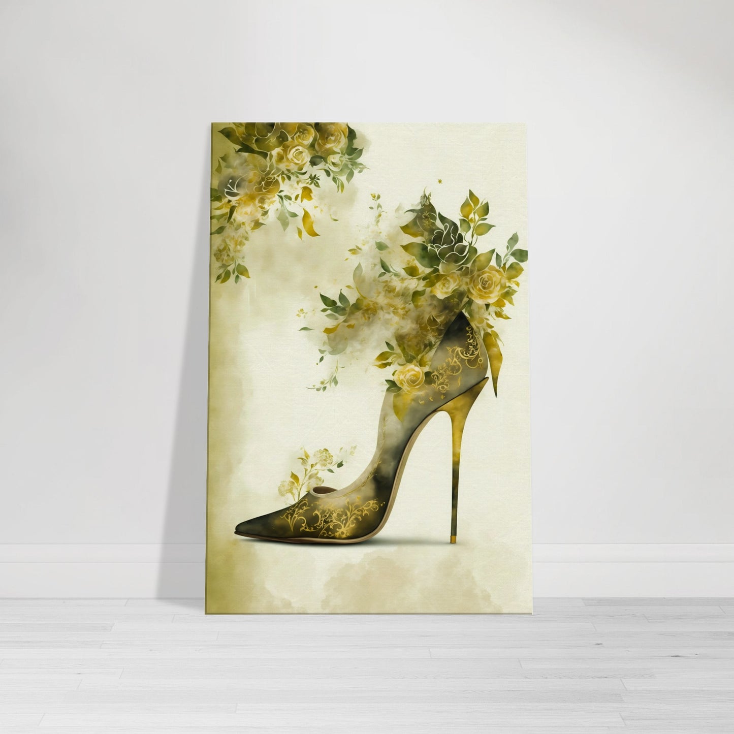 Golden Green Floral Stiletto Canvas Wall Art Print