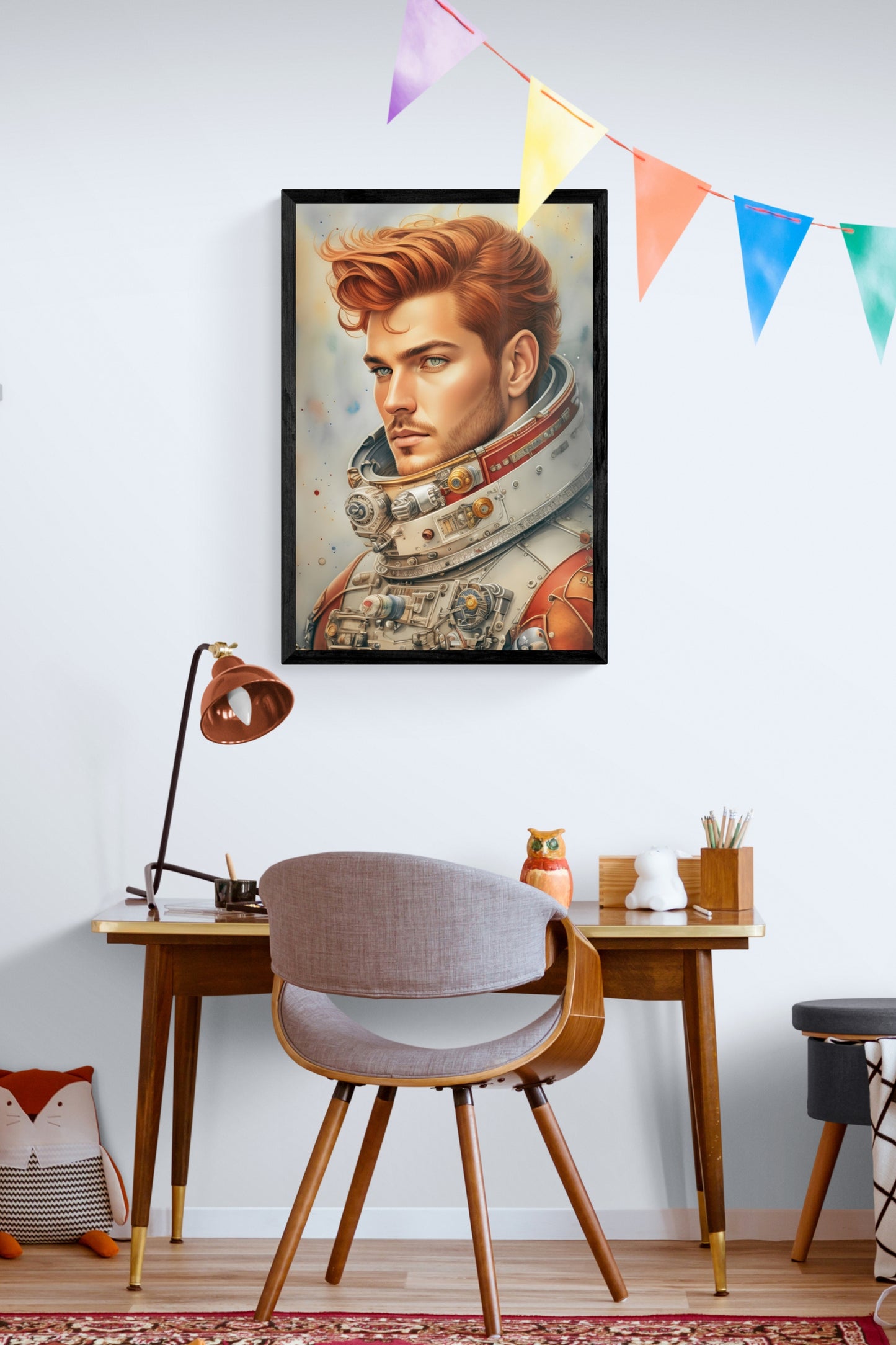 'Retro Astronaut' is a pencil and watercolour portrait illustration, evoking a sense of nostalgia of the early days of the space age in a vintage-retro style.  Initial image was created by A.I, then further enhanced with editing software.  Size : 24 inches wide x 36 inches high. Unframed Poster Print.