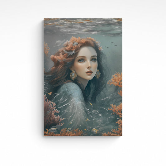 Experience the entrancing oceanic tones of the 'Coral Mermaid', this captivating image will add both style and charm to your bathroom décor or bedroom space.   Initial image was created by A.I, then further enhanced with editing software.  Size : 24 inches wide x 36 inches high. Unframed Poster Print