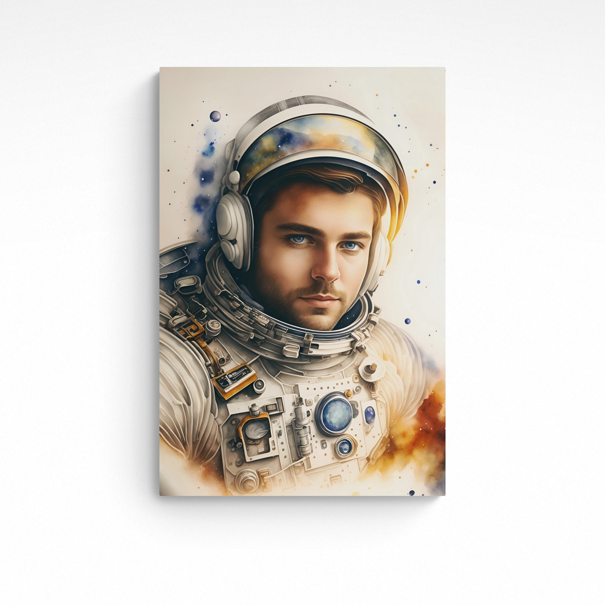 'Cosmic Astronaut' is a pencil and watercolour portrait illustration of an astronaut in a retro-vintage style, evoking a sense of nostalgia of the early days of the space age, when it was every boy's and girl's dream to be an astronaut and go into space. Initial image was created by A.I, then further enhanced with digital editing software. Size : 24 inches wide x 36 inches high. Unframed Poster Print.