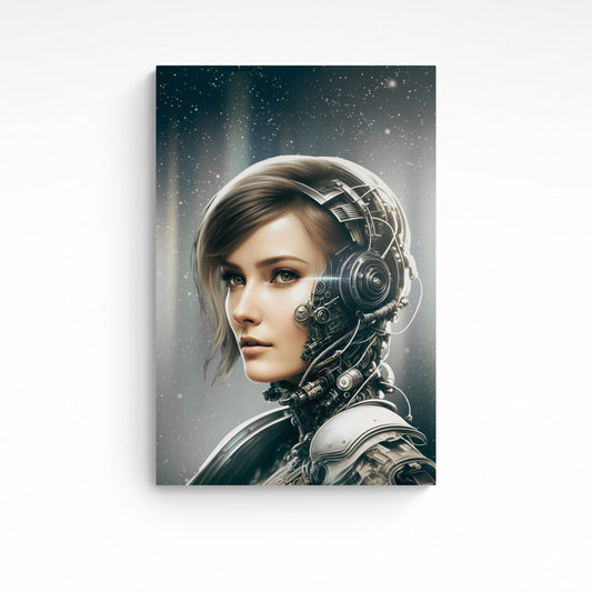 'Cyber Space Traveller' an illustration of a stunning woman portrayed in a futuristic galactic age. Initial image was created by AI, then further enhanced with graphics and light editing software. Size : 24 inches wide x 36 inches high. Unframed Poster Print.