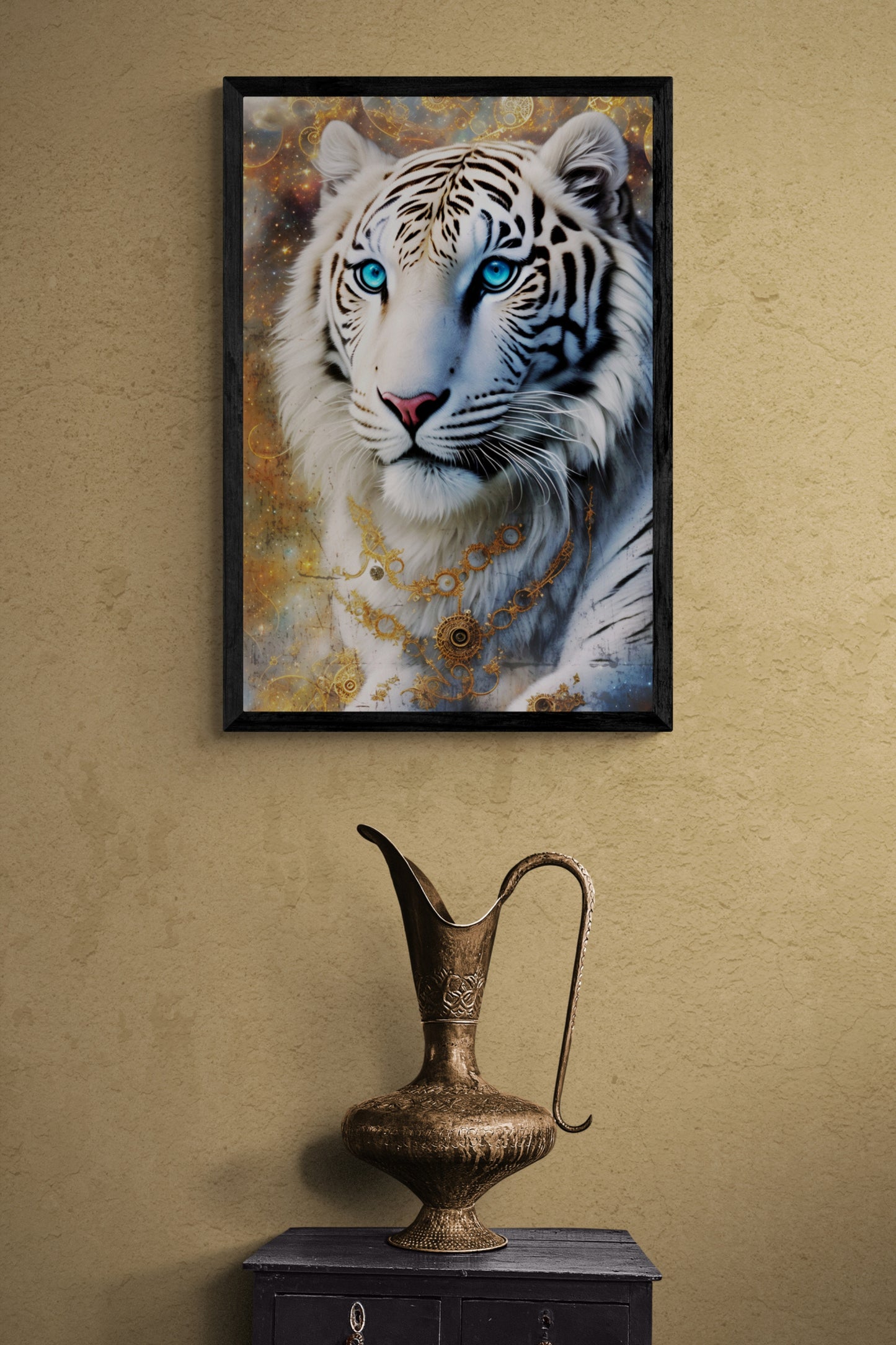 'Filigree White Tiger' an illustration of a majestic tiger richly adorned and encircled with abstract filigree elements creating a magical ambience