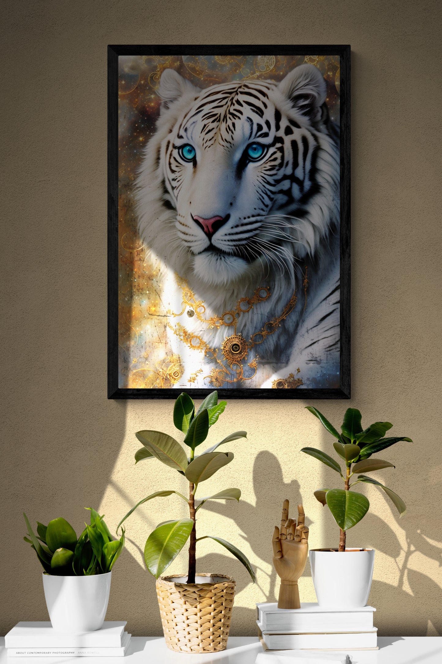 'Filigree White Tiger' an illustration of a majestic tiger richly adorned and encircled with abstract filigree elements