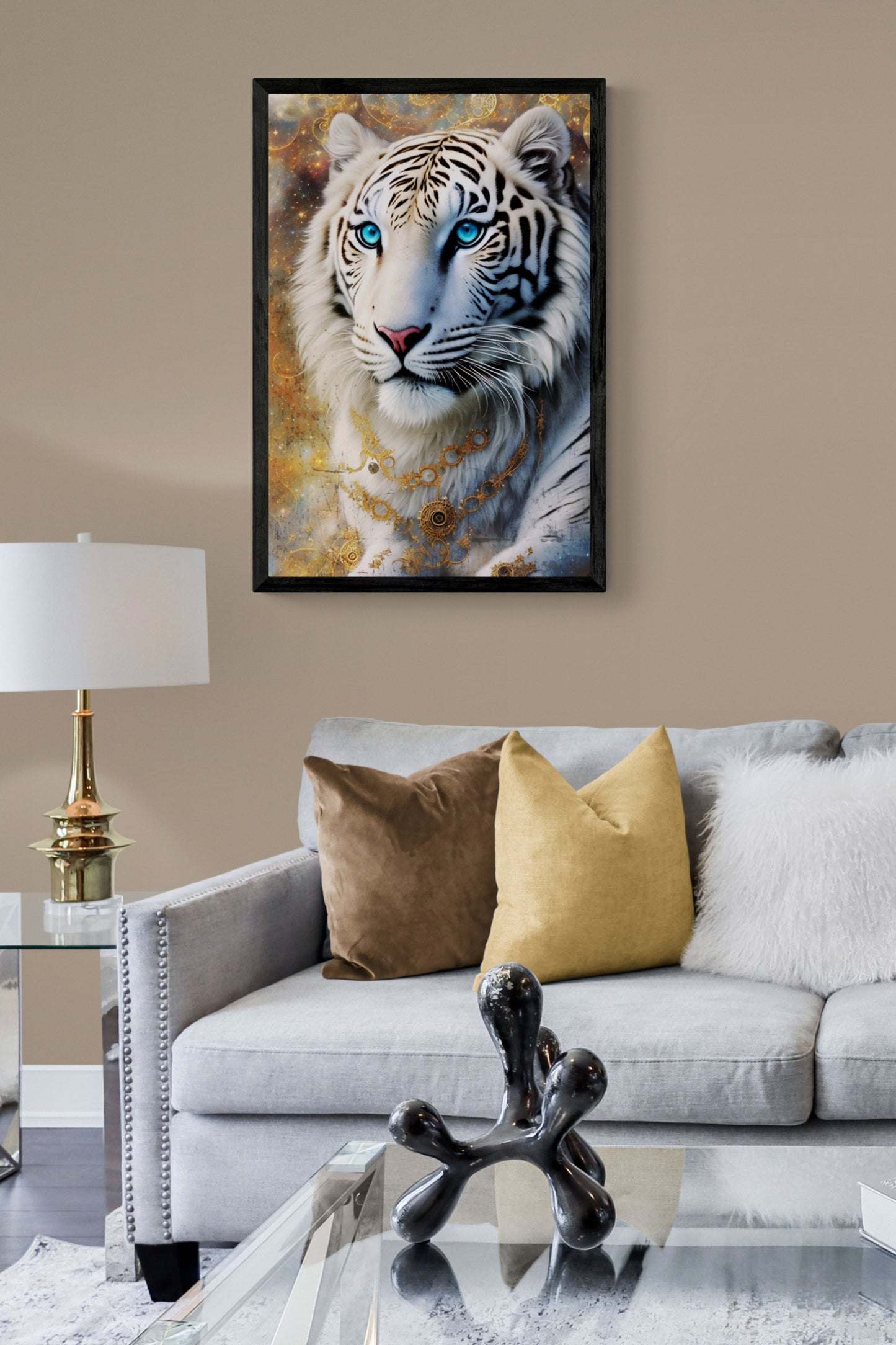 'Filigree White Tiger' an illustration of a majestic tiger richly adorned and encircled with abstract filigree elements 