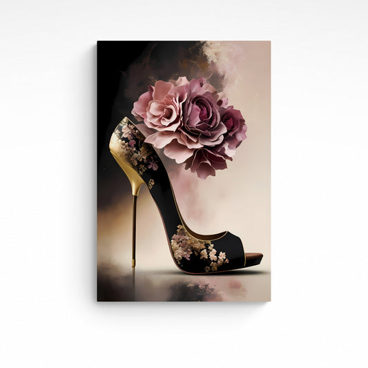 'Floral Black Stiletto' is an exquisite illustration of a high heeled stiletto shoe with a striking floral arrangement, the perfect statement piece of wall art to display in either your bedroom or bathroom. Add a touch of sophisticated glamour and elegance into your home décor.  The initial image was created by AI, then further enhanced with editing software.