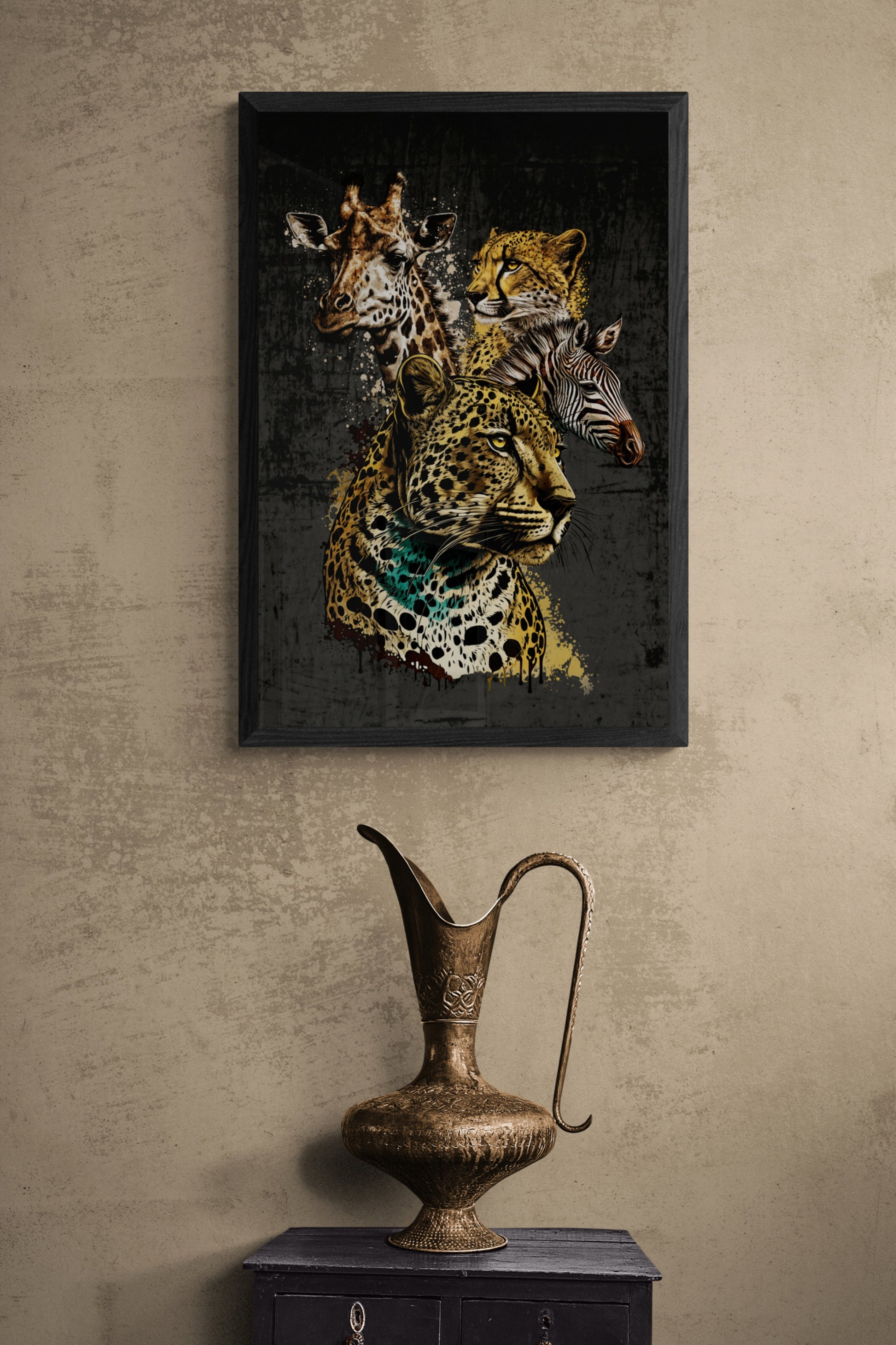 A collage rendition of four wild animals of Africa, the leopard, giraffe, cheetah and zebra, in all their splendour.  Initial image was created by A.I, then further enhanced with layers of editing software.  Size : 24 inches wide x 36 inches high. Unframed Poster Print.