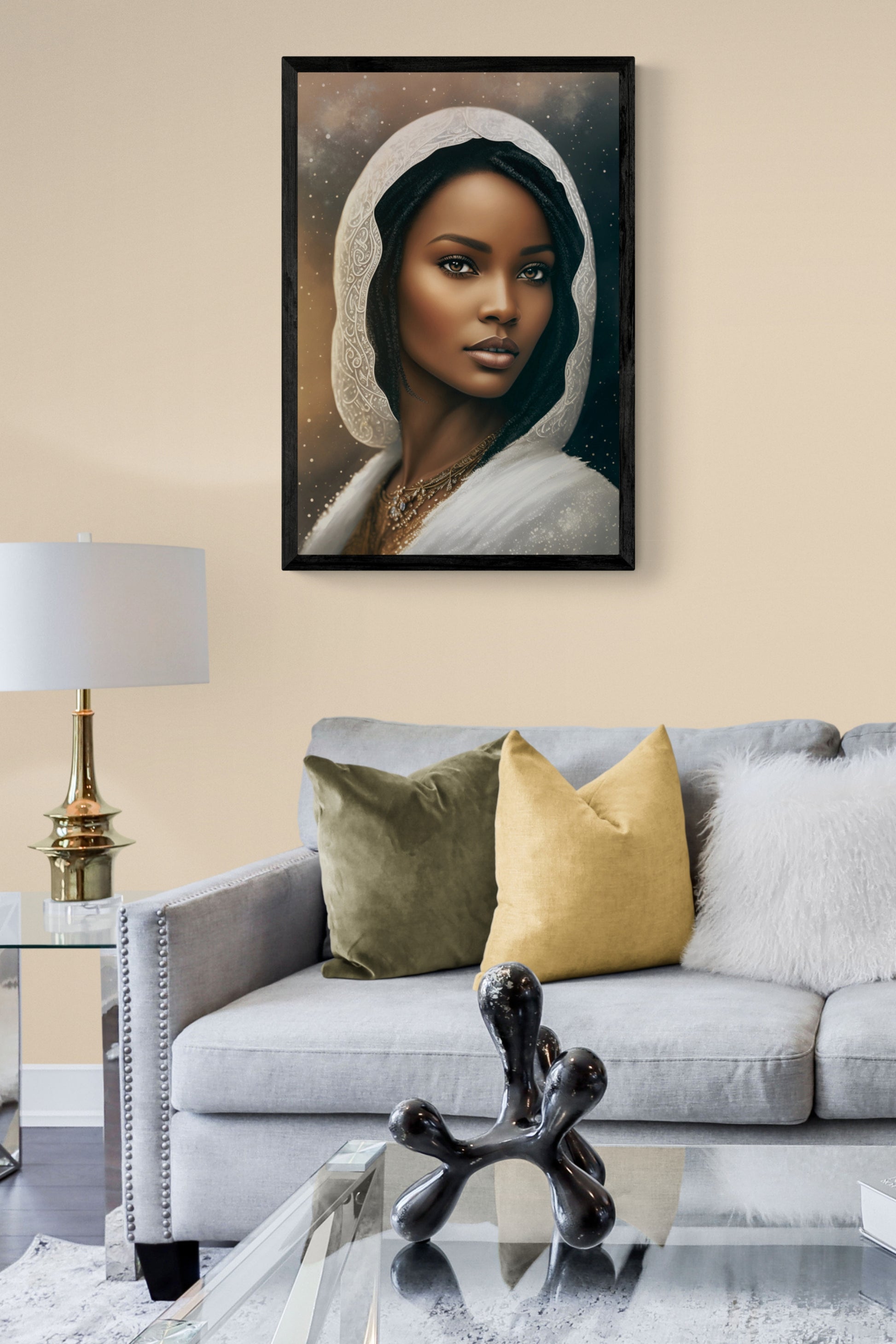 'Lady In White' a portrait illustration of a beautiful woman wearing a delicate white headscarf.  Initial image was created by A.I, then further enhanced with editing software.  Size : 24 inches wide x 36 inches high. Unframed Poster Print.