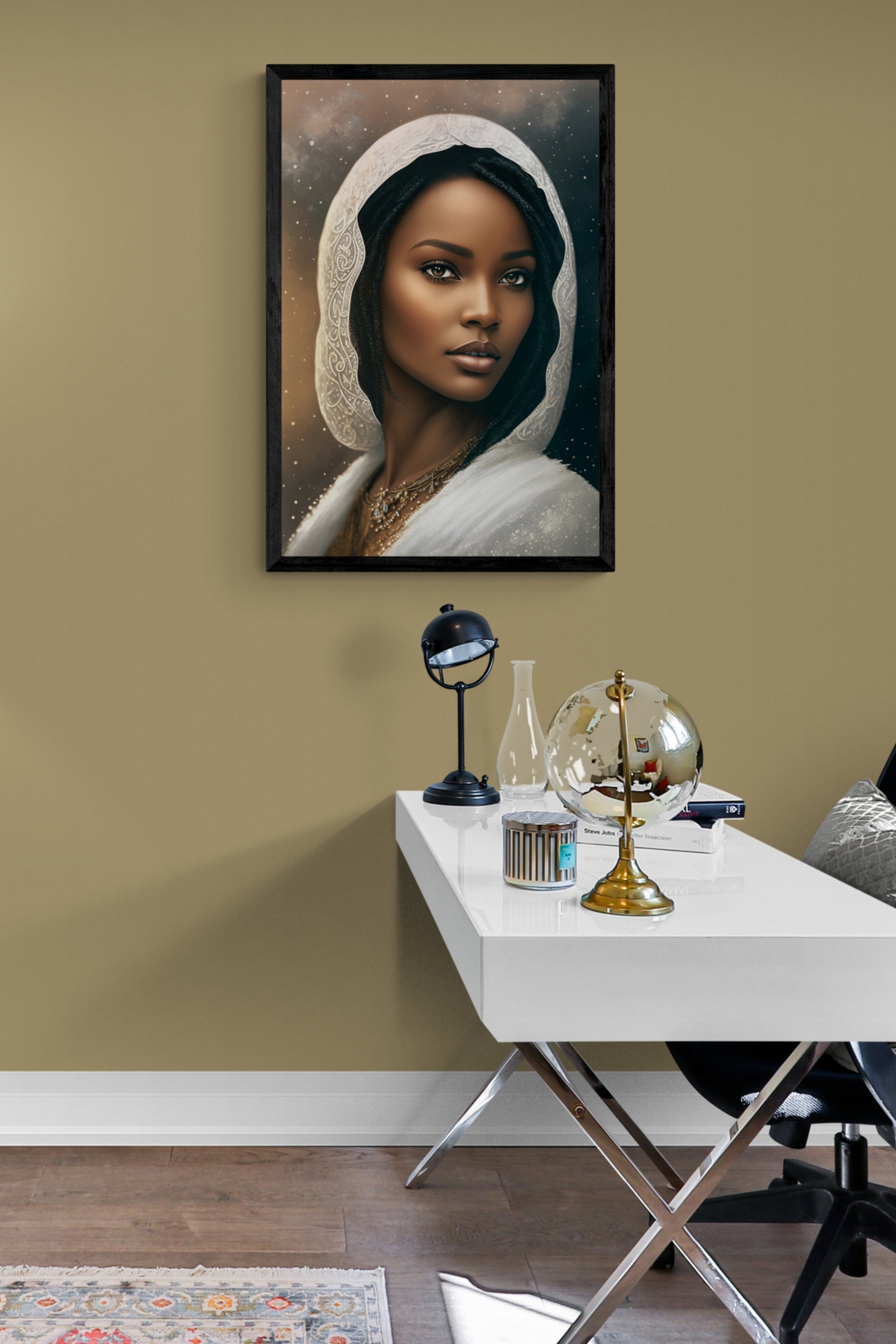 'Lady In White' a portrait illustration of a beautiful woman wearing a delicate white headscarf.  Initial image was created by A.I, then further enhanced with editing software.  Size : 24 inches wide x 36 inches high. Unframed Poster Print.