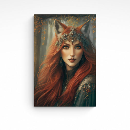 Be transported to another realm with the 'Lady Red Fox' were fantasy wall art. perfect for a decorative accent in any room. The poster's vivid colours and captivating image will be sure to draw the eye and bring an artistic flair to your home décor.  Initial image was created by A.I, then further enhanced with editing software.  Size : 24 inches wide x 36 inches high. Unframed Poster Print