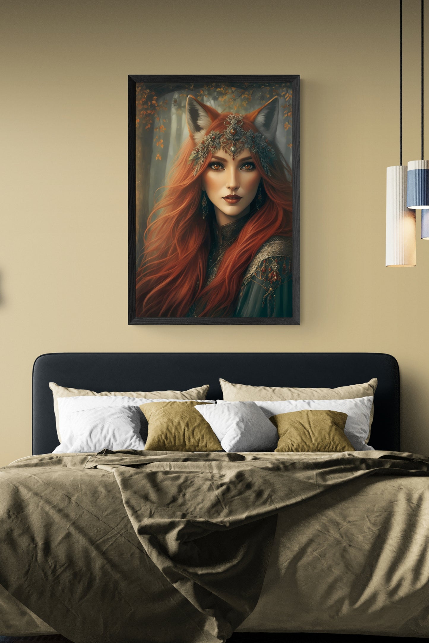 Be transported to another realm with the 'Lady Red Fox' were fantasy wall art. perfect for a decorative accent in any room. The poster's vivid colours and captivating image will be sure to draw the eye and bring an artistic flair to your home décor.  Initial image was created by A.I, then further enhanced with editing software.  Size : 24 inches wide x 36 inches high. Unframed Poster Print