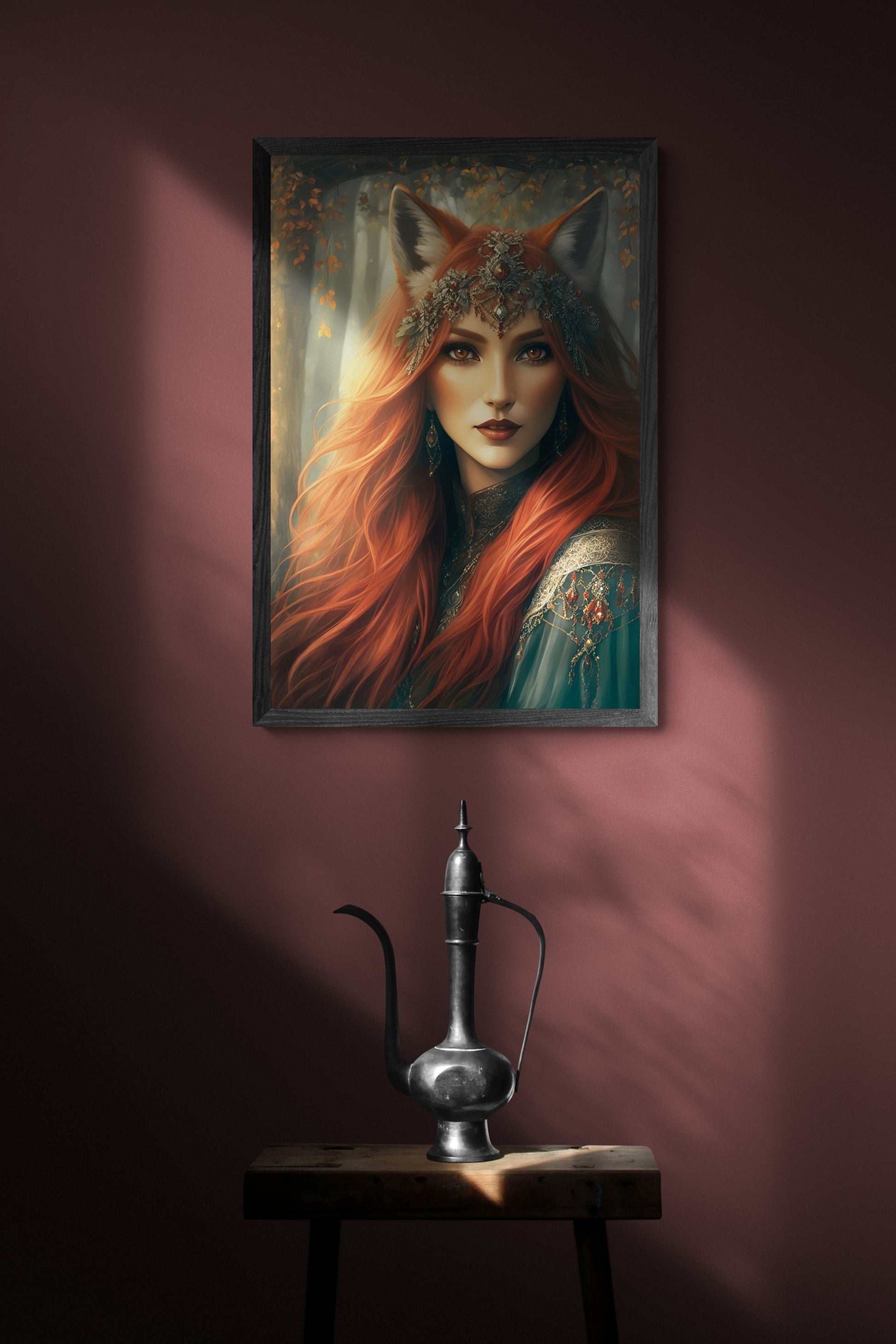 Be transported to another realm with the 'Lady Red Fox' were fantasy wall art. perfect for a decorative accent in any room. The poster's vivid colours and captivating image will be sure to draw the eye and bring an artistic flair to your home décor.  Initial image was created by A.I, then further enhanced with editing software.  Size : 24 inches wide x 36 inches high. Unframed Poster Print