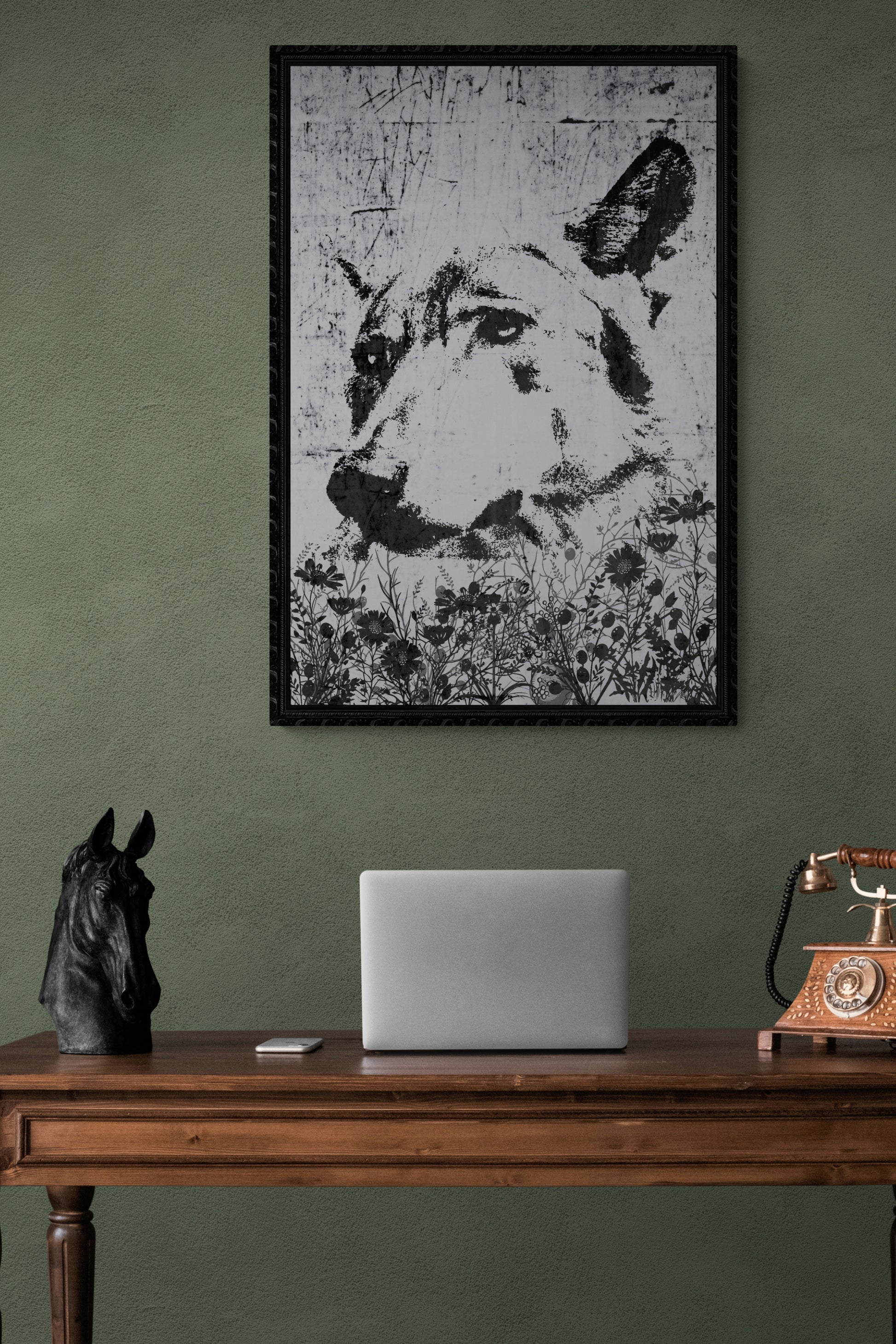 'Meadow Shadow Wolf," a grayscale portrait illustration of a wolf in a meadow of wild flowers.  The image was initially created by AI, then further enhanced by adding graphics and overlays with editing software.  Size : 24 inches wide x 36 inches high. Unframed Poster Print