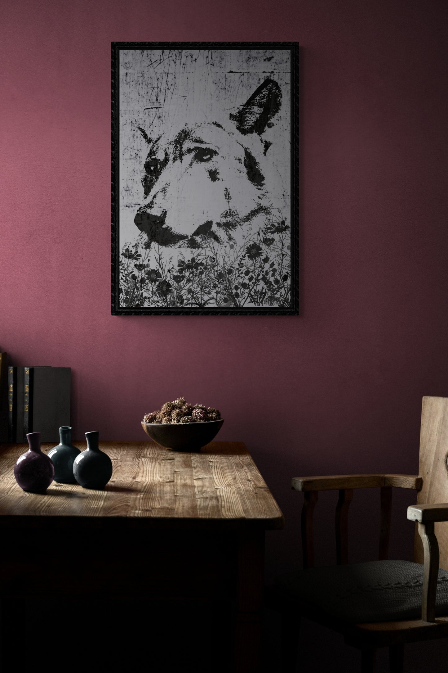 'Meadow Shadow Wolf," a grayscale portrait illustration of a wolf in a meadow of wild flowers.  The image was initially created by AI, then further enhanced by adding graphics and overlays with editing software.  Size : 24 inches wide x 36 inches high. Unframed Poster Print