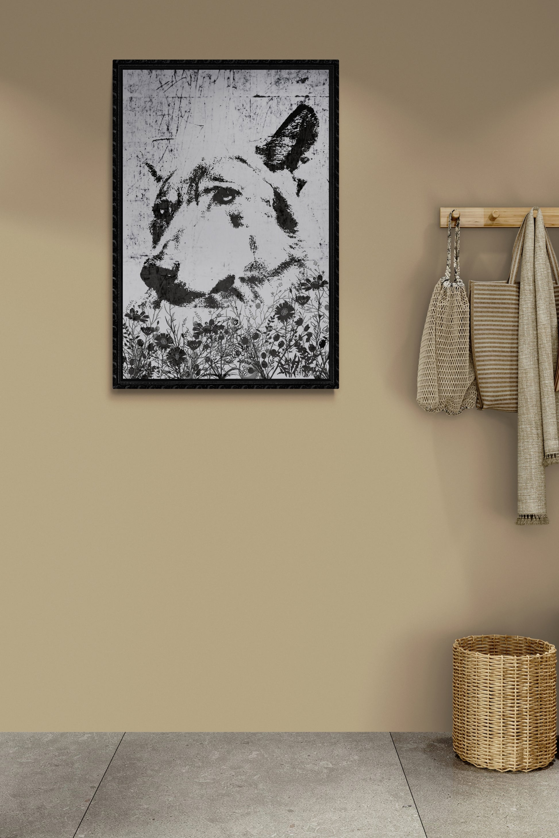 'Meadow Shadow Wolf," a grayscale portrait illustration of a wolf in a meadow of wild flowers.  The image was initially created by AI, then further enhanced by adding graphics and overlays with editing software.  Size : 24 inches wide x 36 inches high. Unframed Poster Print