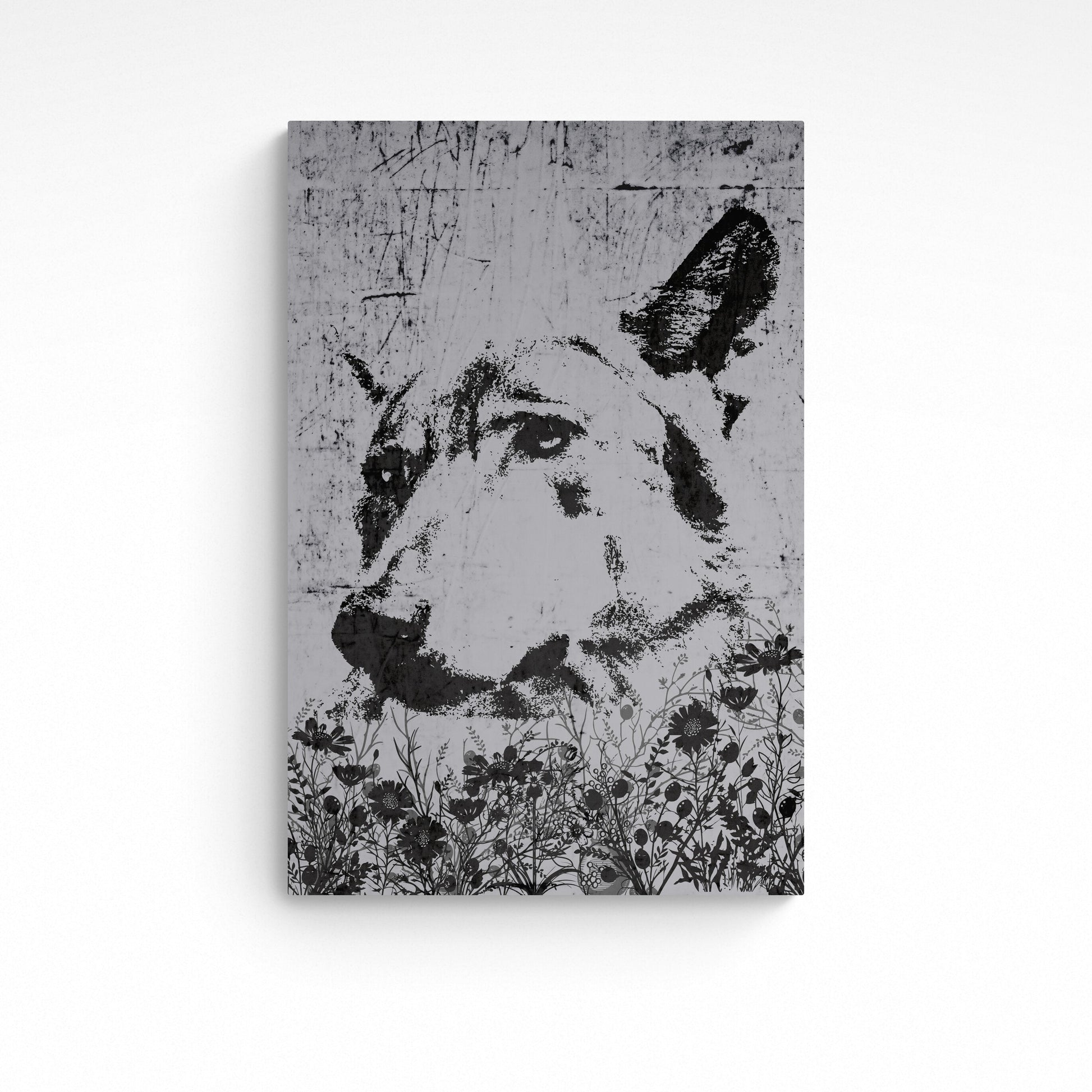 'Meadow Shadow Wolf," a grayscale portrait illustration of a wolf in a meadow of wild flowers.