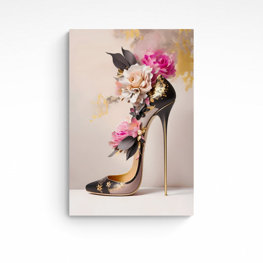 'Pink Floral Gold and Black Shoe’ features an exquisite illustration of a high heeled stiletto shoe adorned with a captivating floral arrangement. This elegant piece of fashion art is the perfect accent for the bedroom or bathroom, guaranteed to create a lavish atmosphere. Created using AI and enhanced with editing software, this shabby chic wall art is sure to add a touch of sophistication to your home décor.