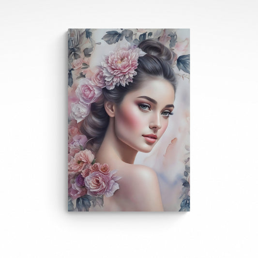 'Pink Roses Beauty' is an illustration which embodies a classic feel with its portrait of a beautiful woman adorned in pink floral roses. Its vintage style gives it a touch of sophistication and elegance