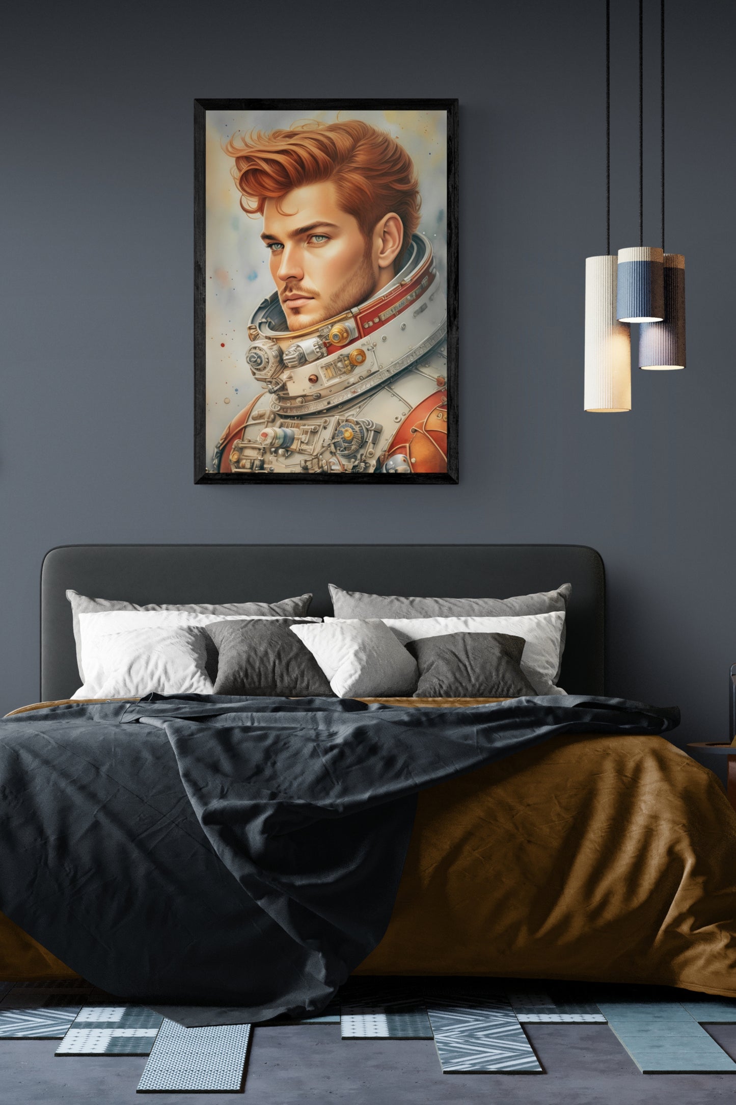 'Retro Astronaut' is a pencil and watercolour portrait illustration, evoking a sense of nostalgia of the early days of the space age in a vintage-retro style.  Initial image was created by A.I, then further enhanced with editing software.  Size : 24 inches wide x 36 inches high. Unframed Poster Print.