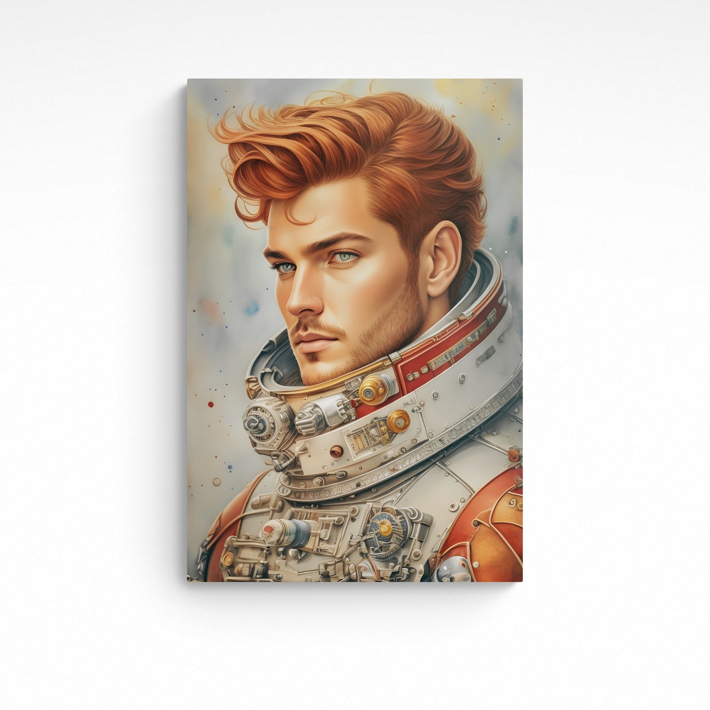 'Retro Astronaut' is a pencil and watercolour portrait illustration, evoking a sense of nostalgia of the early days of the space age in a vintage-retro style.