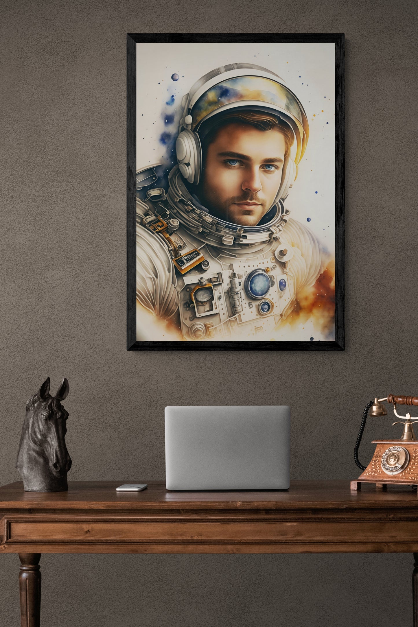 'Cosmic Astronaut' is a pencil and watercolour portrait illustration of an astronaut in a retro-vintage style, evoking a sense of nostalgia of the early days of the space age, when it was every boy's and girl's dream to be an astronaut and go into space.  Initial image was created by A.I, then further enhanced with digital editing software.  Size : 24 inches wide x 36 inches high. Unframed Poster Print.