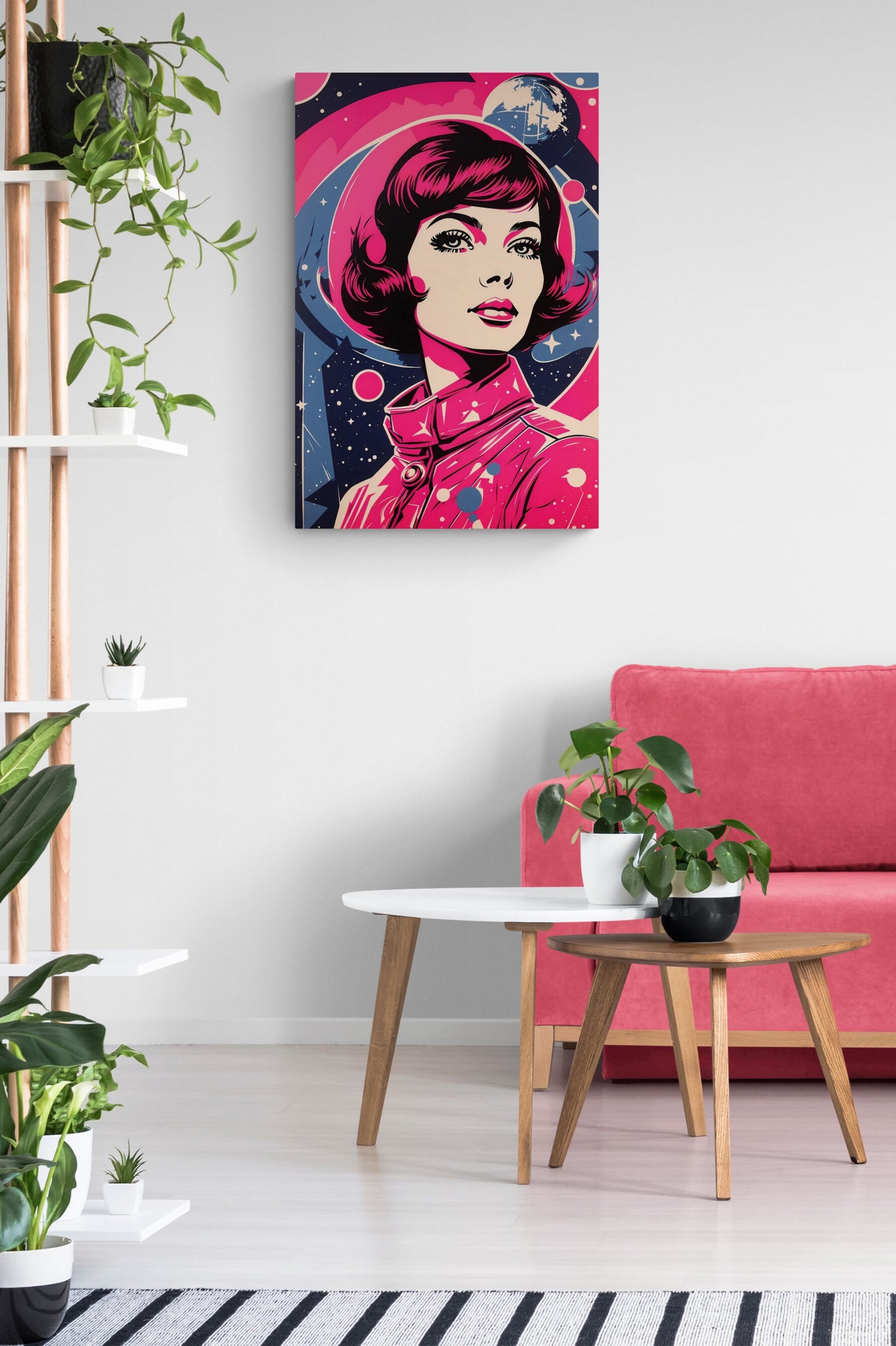 This 'Space Traveller' portrait features a striking woman in a palette of vibrant pinks and muted blues, with stars and the moon depicted in the background. This Pop Art-style design has a 60's vibe complementing a minimalist home décor, The initial image was created by AI and further enhanced with digital editing software.