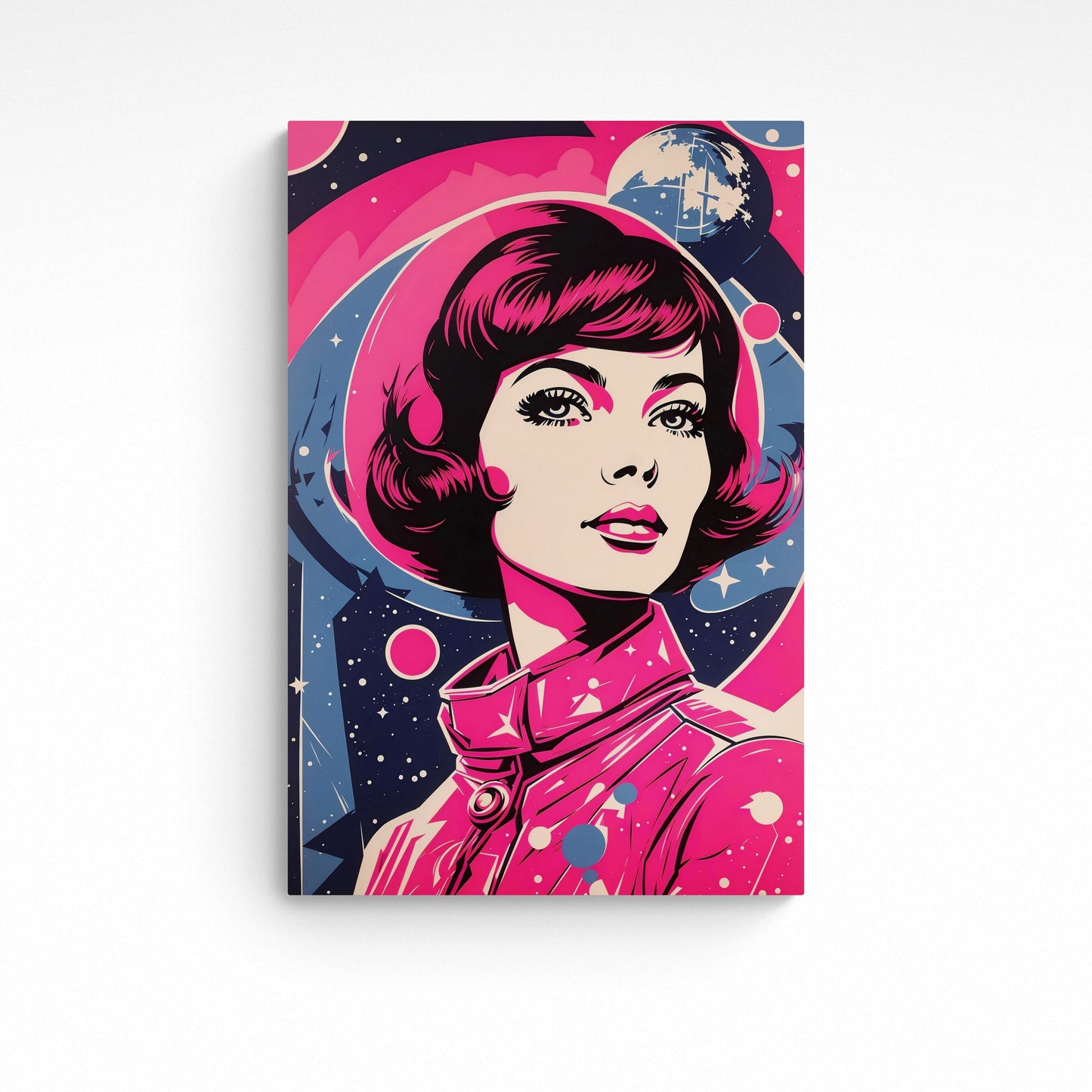 This 'Space Traveller' portrait features a striking woman in a palette of vibrant pinks and muted blues, with stars and the moon depicted in the background. This Pop Art-style design has a 60's vibe complementing a minimalist home décor, The initial image was created by AI and further enhanced with digital editing software.