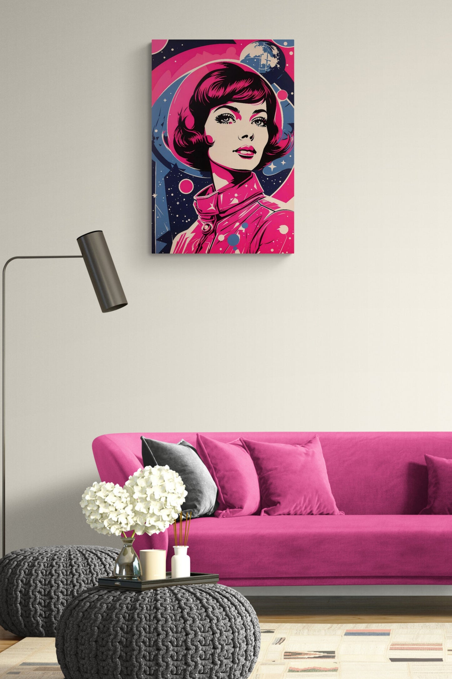 This 'Space Traveller' portrait features a striking woman in a palette of vibrant pinks and muted blues, with stars and the moon depicted in the background. This Pop Art-style design has a 60's vibe complementing a minimalist home décor, The initial image was created by AI and further enhanced with digital editing software.