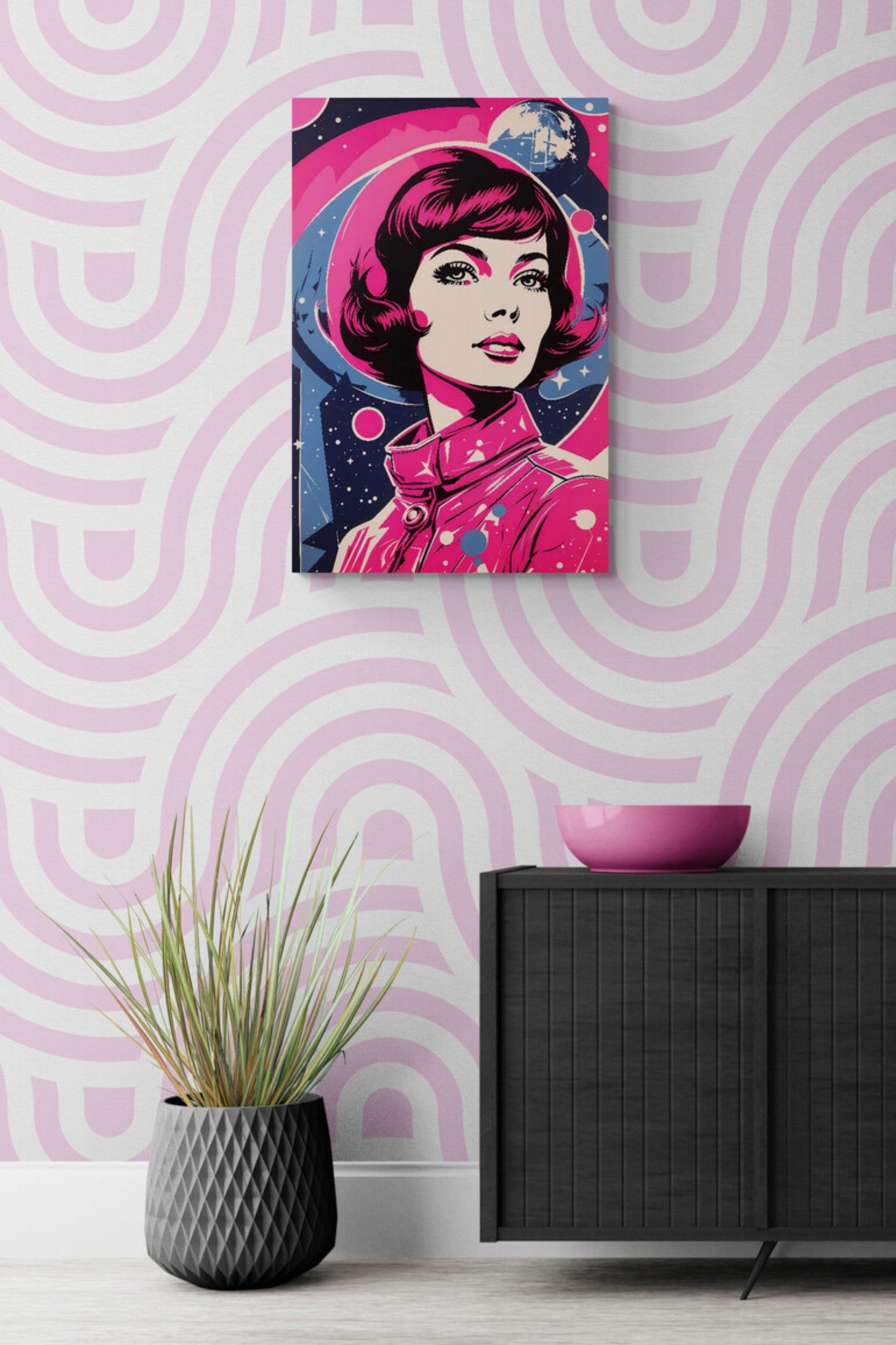 This 'Space Traveller' portrait features a striking woman in a palette of vibrant pinks and muted blues, with stars and the moon depicted in the background. This Pop Art-style design has a 60's vibe complementing a minimalist home décor, The initial image was created by AI and further enhanced with digital editing software.