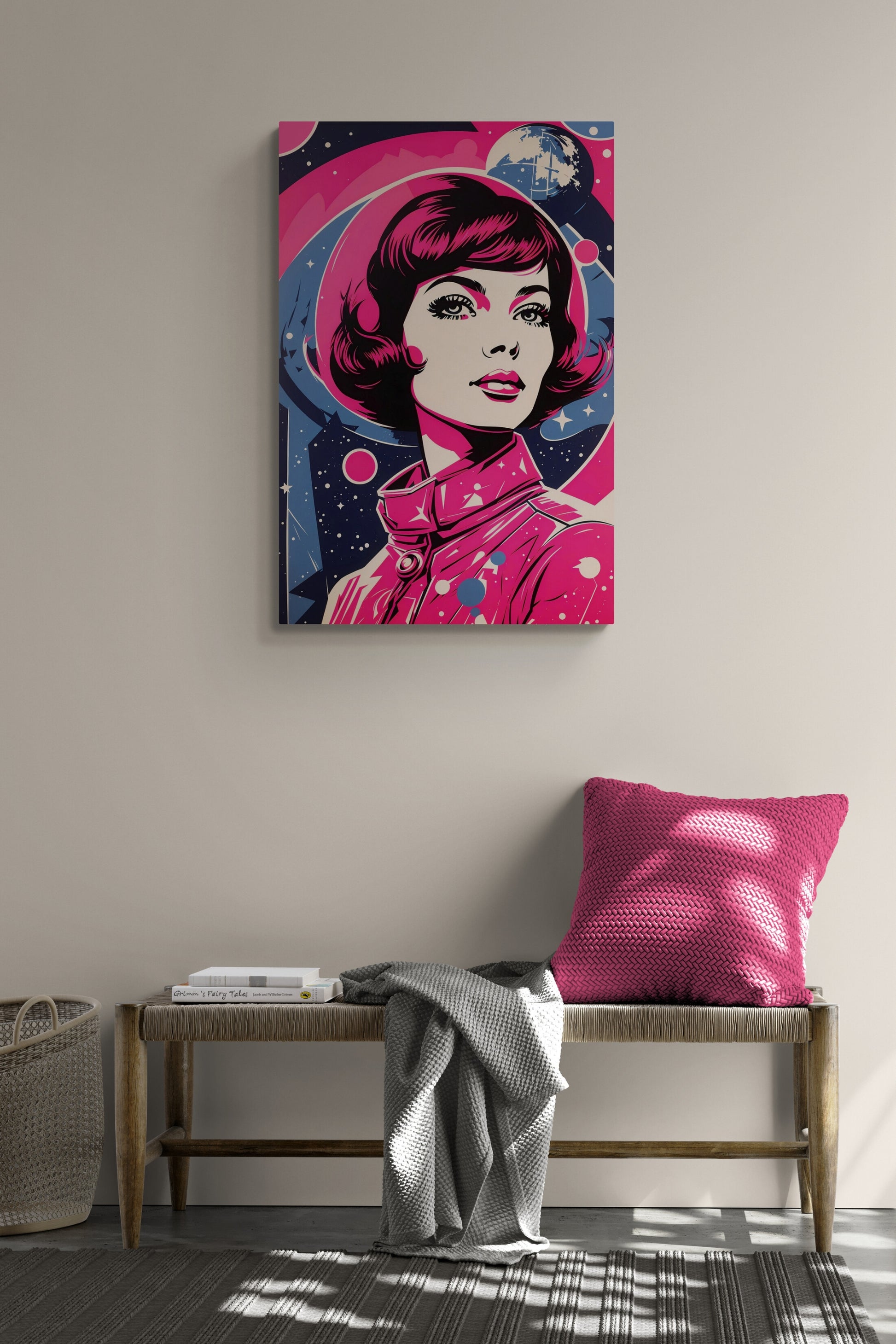 This 'Space Traveller' portrait features a striking woman in a palette of vibrant pinks and muted blues, with stars and the moon depicted in the background. This Pop Art-style design has a 60's vibe complementing a minimalist home décor, The initial image was created by AI and further enhanced with digital editing software.