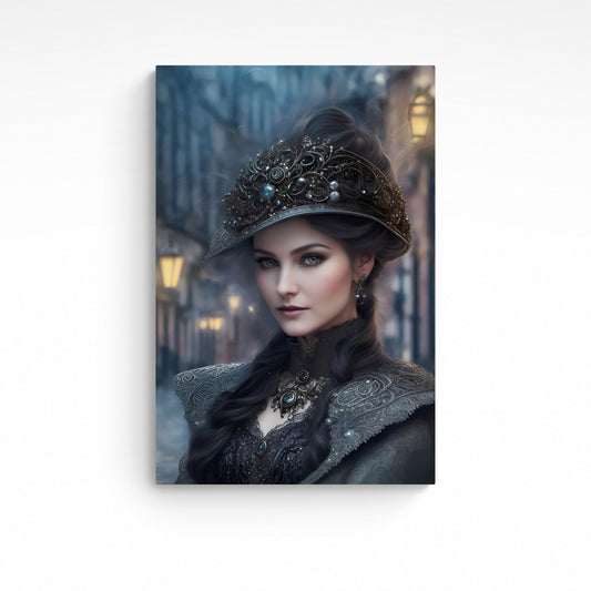 'Steam Night Stroll' is an illustration of a beautiful steampunk lady.