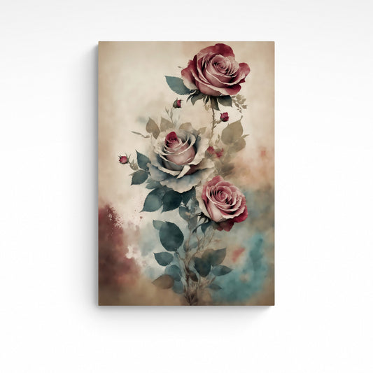 Delve into timeless beauty with the 'Vintage Roses' canvas wall art. This exquisite piece of art features a stunning watercolour array of soft pink roses, crafted with the help of both artificial intelligence and sophisticated editing software. The perfect addition to any contemporary living room or bedroom, 'Vintage Roses' will bring a touch of classic elegance to any space.