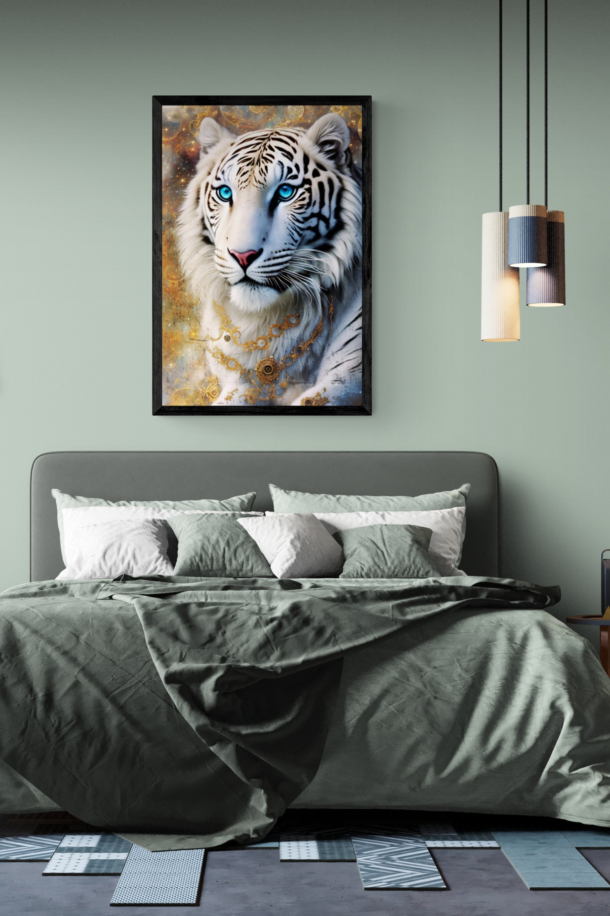 'Filigree White Tiger' an illustration of a majestic tiger richly adorned and encircled with abstract filigree elements