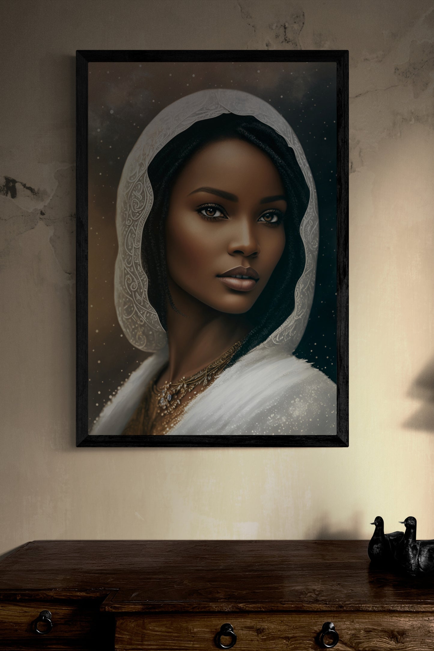 'Lady In White' a portrait illustration of a beautiful woman wearing a delicate white headscarf.  Initial image was created by A.I, then further enhanced with editing software.  Size : 24 inches wide x 36 inches high. Unframed Poster Print.