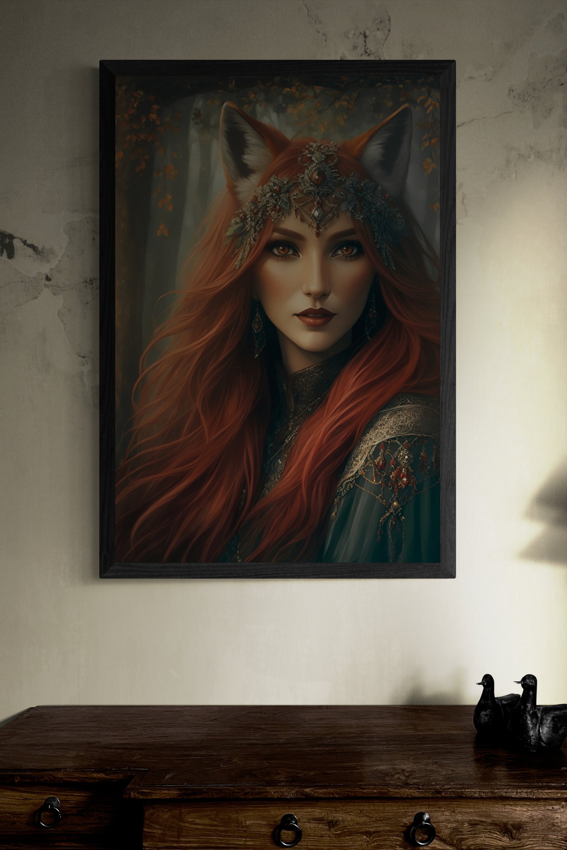 Be transported to another realm with the 'Lady Red Fox' were fantasy wall art. perfect for a decorative accent in any room. The poster's vivid colours and captivating image will be sure to draw the eye and bring an artistic flair to your home décor.  Initial image was created by A.I, then further enhanced with editing software.  Size : 24 inches wide x 36 inches high. Unframed Poster Print