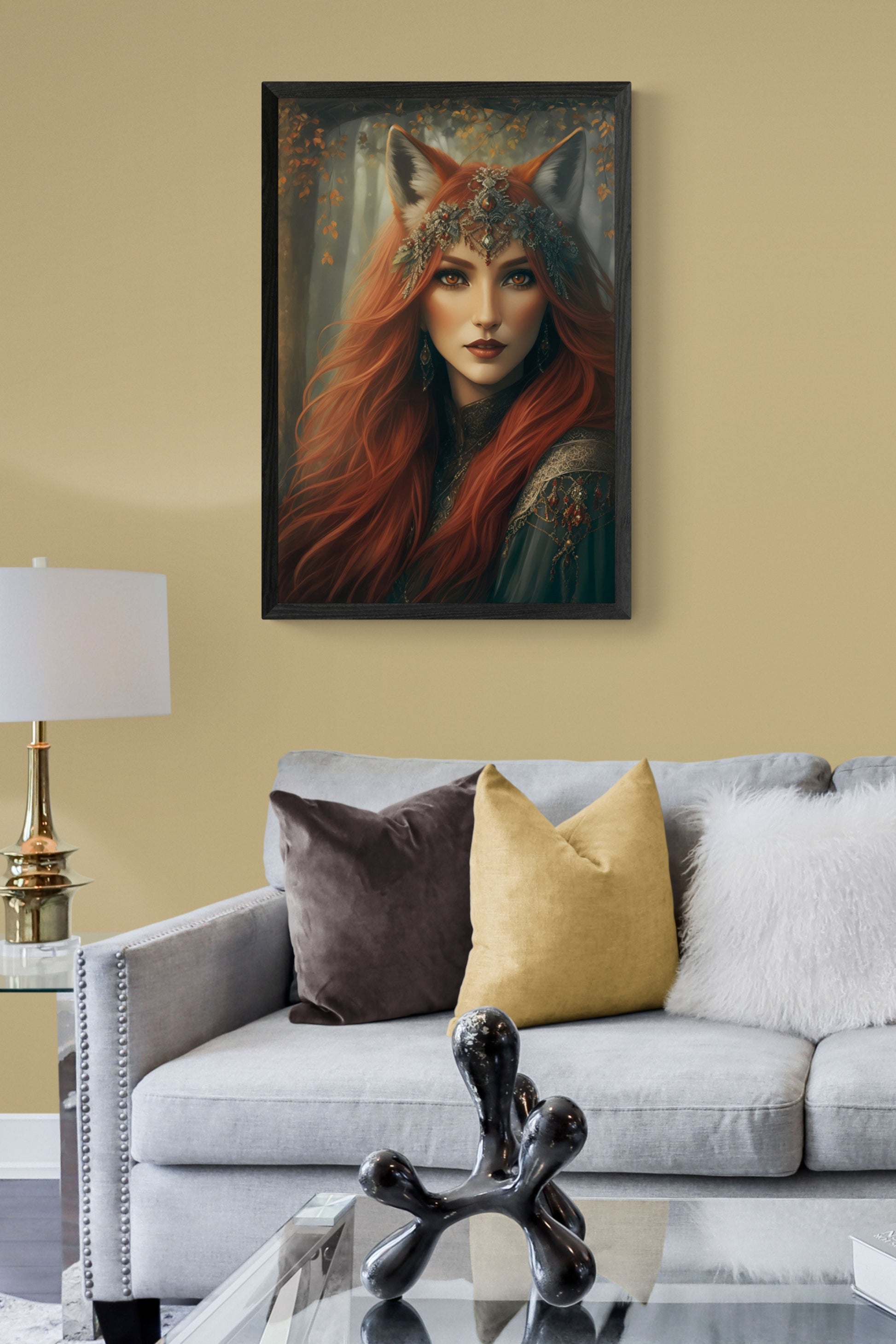 Be transported to another realm with the 'Lady Red Fox' were fantasy wall art. perfect for a decorative accent in any room. The poster's vivid colours and captivating image will be sure to draw the eye and bring an artistic flair to your home décor.  Initial image was created by A.I, then further enhanced with editing software.  Size : 24 inches wide x 36 inches high. Unframed Poster Print