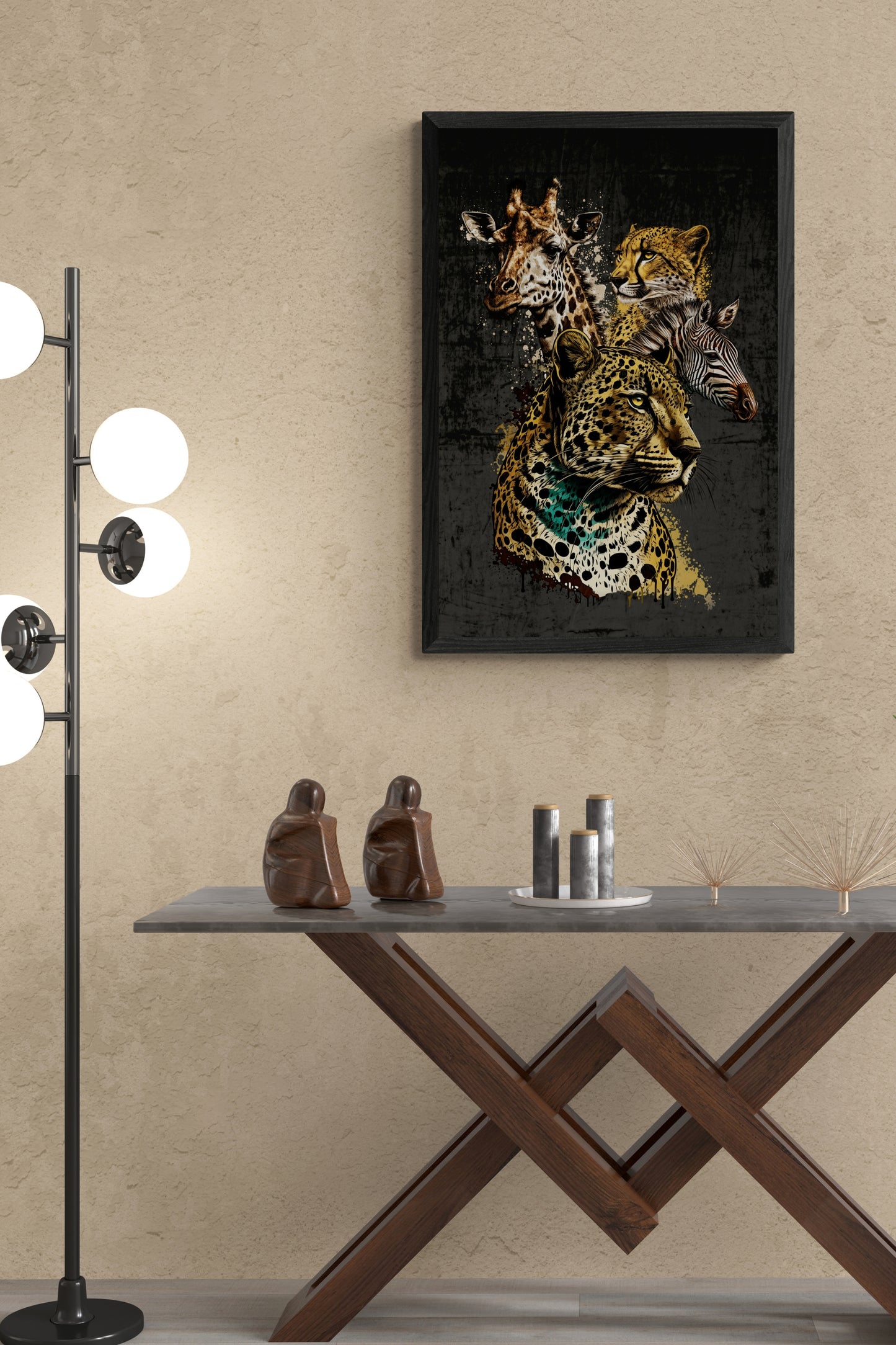 A collage rendition of four wild animals of Africa, the leopard, giraffe, cheetah and zebra, in all their splendour.  Initial image was created by A.I, then further enhanced with layers of editing software.  Size : 24 inches wide x 36 inches high. Unframed Poster Print.