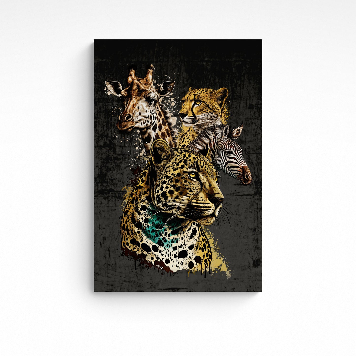 A collage rendition of four wild animals of Africa, the leopard, giraffe, cheetah and zebra, in all their splendour.