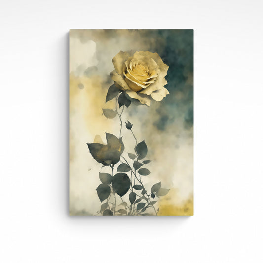 Add a romantic touch to any wall with this 'Yellow Rose' canvas wall art print. This exquisite watercolour illustration of a single yellow rose in a soft vintage style was initially created by A.I. and then further enhanced with editing software. Bring the beauty of the blooming rose indoors and fill your space with timeless sophistication.