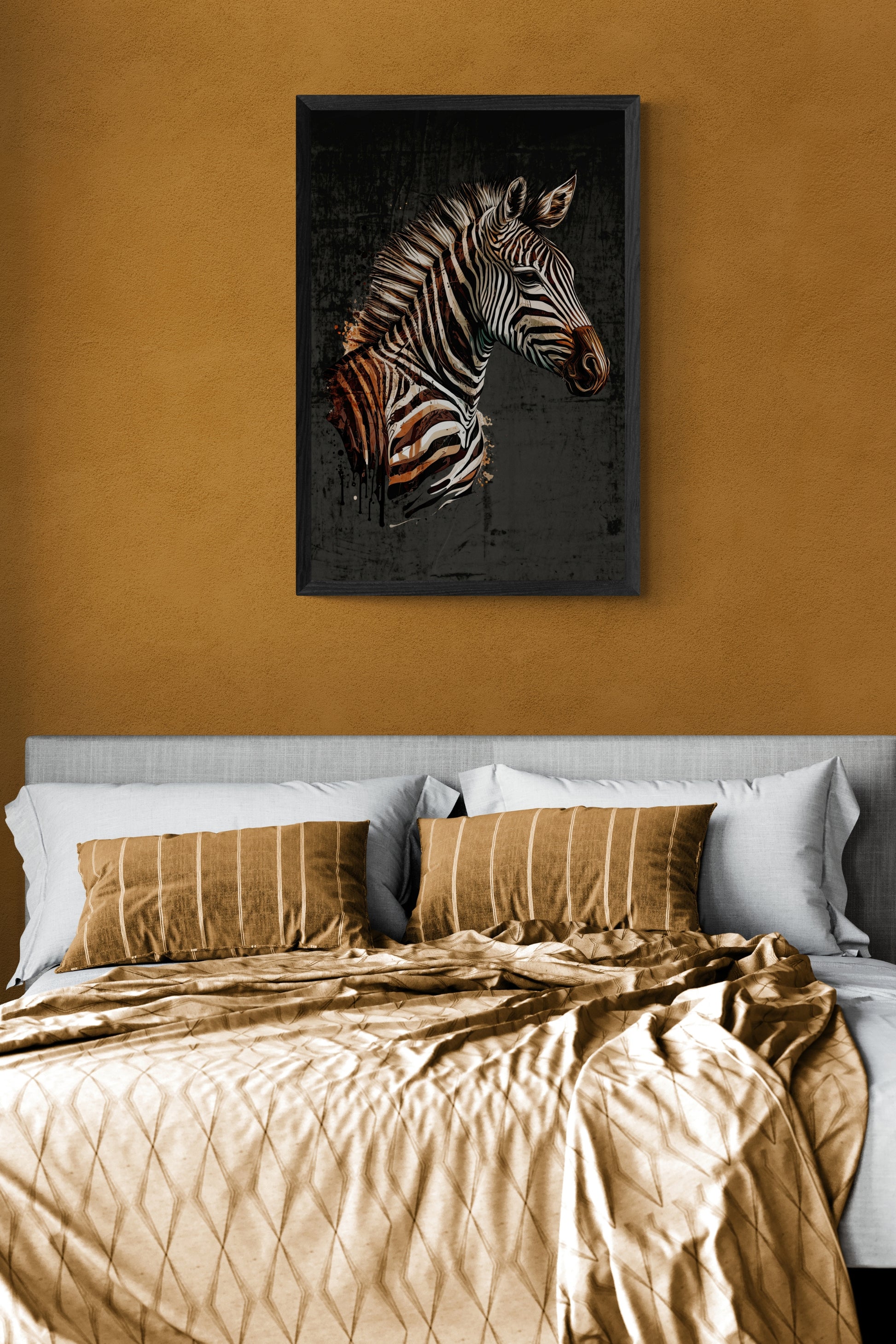 Rendition of the stripey zebra, one of the most loved of the wild animals of Africa.  Initial image was created by A.I, then further enhanced with layers of additional elements using editing software.  Size : 24 inches wide x 36 inches high. Unframed Poster Print.