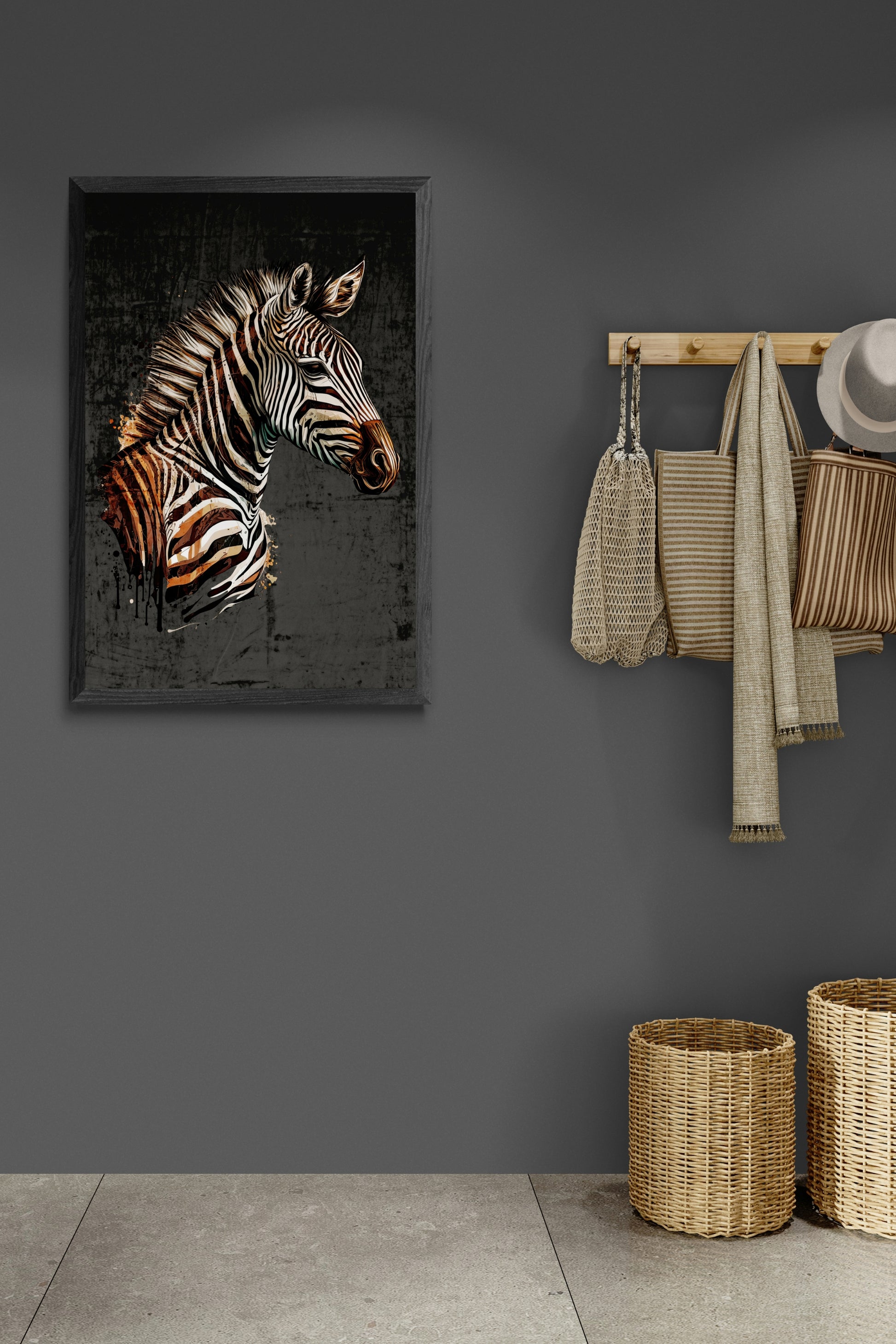 Rendition of the stripey zebra, one of the most loved of the wild animals of Africa.  Initial image was created by A.I, then further enhanced with layers of additional elements using editing software.  Size : 24 inches wide x 36 inches high. Unframed Poster Print.