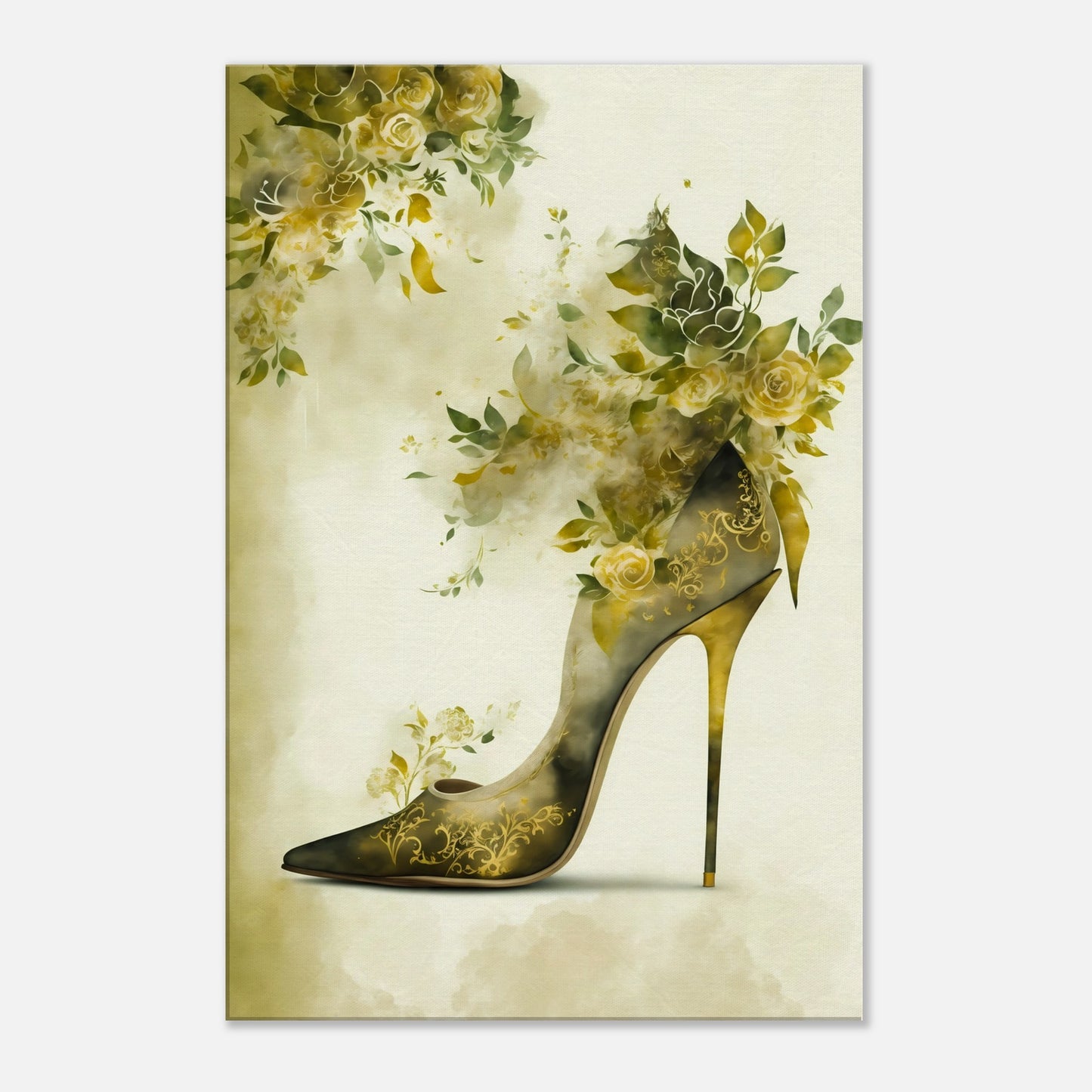 Golden Green Floral Stiletto Canvas Wall Art Print