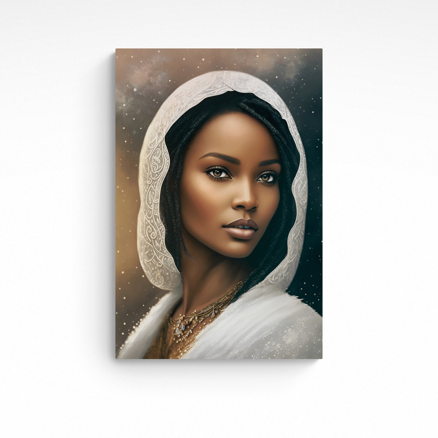 'Lady In White' a portrait illustration of a beautiful woman wearing a delicate white headscarf. Initial image was created by A.I, then further enhanced with editing software. Size : 24 inches wide x 36 inches high. Unframed Poster Print.