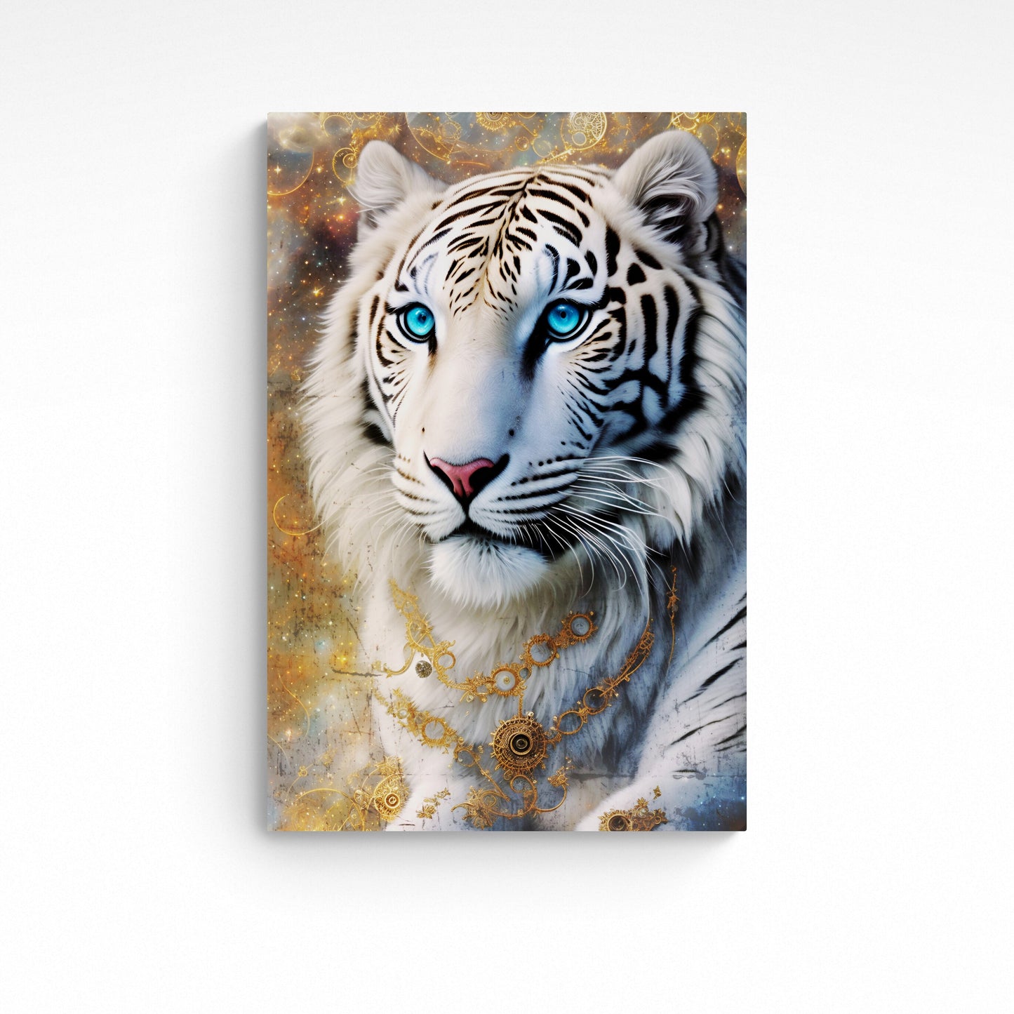 'Filigree White Tiger' an illustration of a majestic tiger richly adorned and encircled with abstract filigree elements creating a magical ambiance.