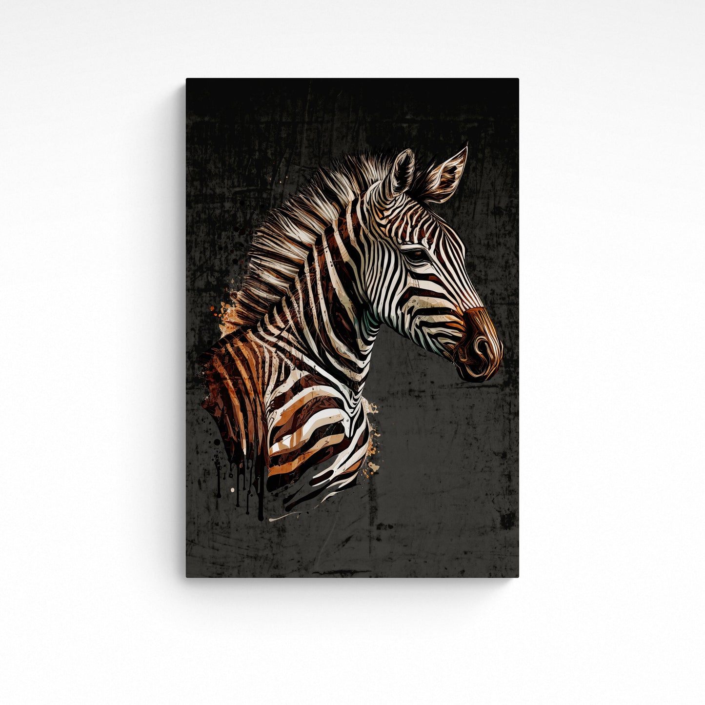 Rendition of the stripey zebra, one of the most loved of the wild animals of Africa. Initial image was created by A.I, then further enhanced with layers of additional elements using editing software. Size : 24 inches wide x 36 inches high. Unframed Poster Print.