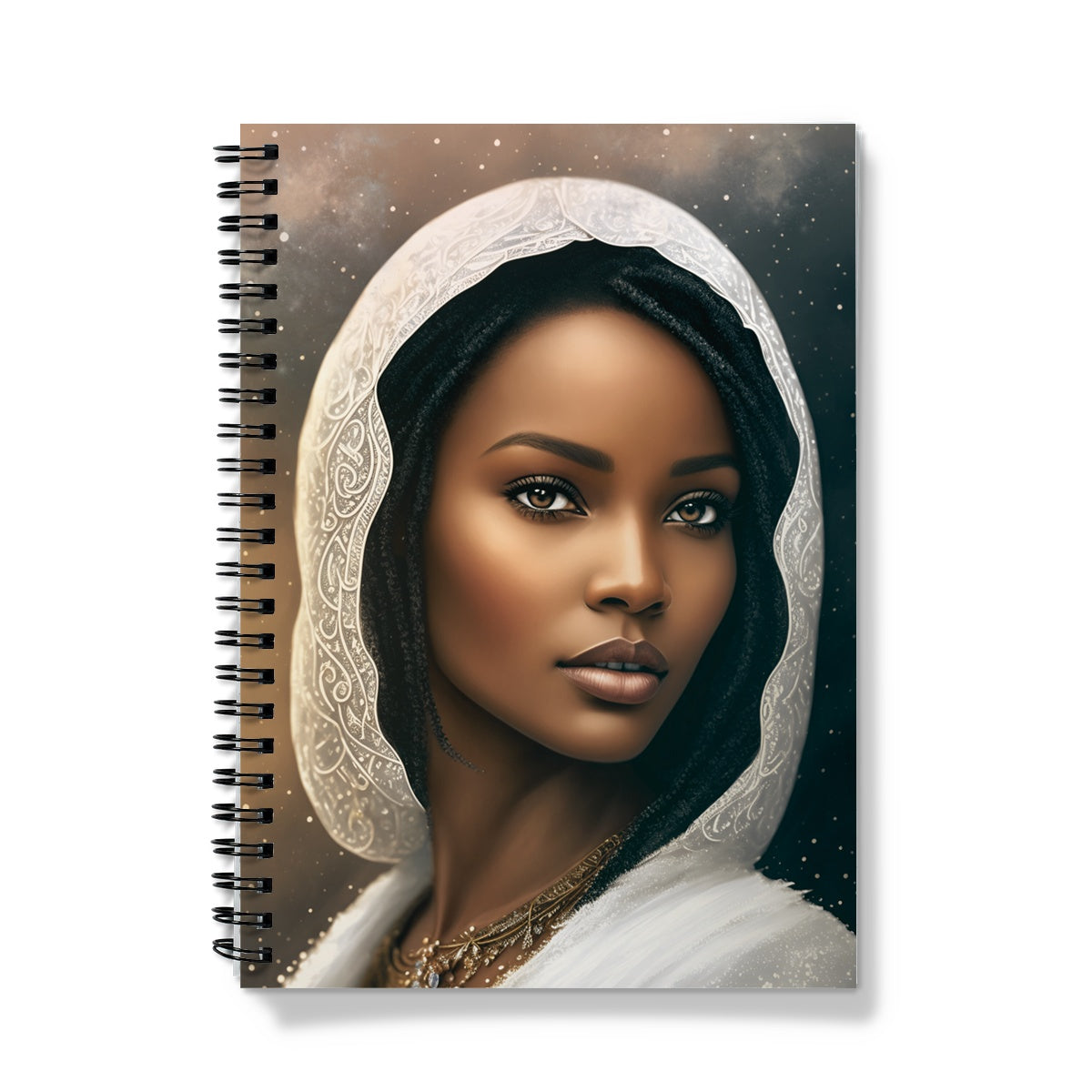 A gorgeous woman is depicted in the portrait picture "Lady in White" wearing a delicate white headscarf.  A.I. developed the initial image, which was subsequently improved with editing software.  Perfect for scribbling out notes, to-do-lists or school notes.